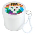 A round white container with a colorful geometric lion face on the lid, featuring the words KING DATA. A white plastic clip is attached to the side for easy carrying.