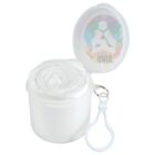 A white, round container with a clip, lid open, revealing crumpled plastic bags or tissues inside. The lid has a colorful, geometric lion design with the word KING visible.
