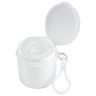 A white cylindrical container with an open lid revealing rolled-up plastic bags inside. It has a small metal ring attached to a white plastic clip, likely for hanging or carrying.
