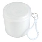 A small, round, white plastic container with a matching lid and an attached metal keyring. A white plastic clip is connected to the keyring, designed for easy attachment.