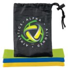 A black drawstring bag with a colorful logo featuring the words Alpha Aligned Athletics is in the center. Below, there are three resistance bands in blue, yellow, and green, stacked together.