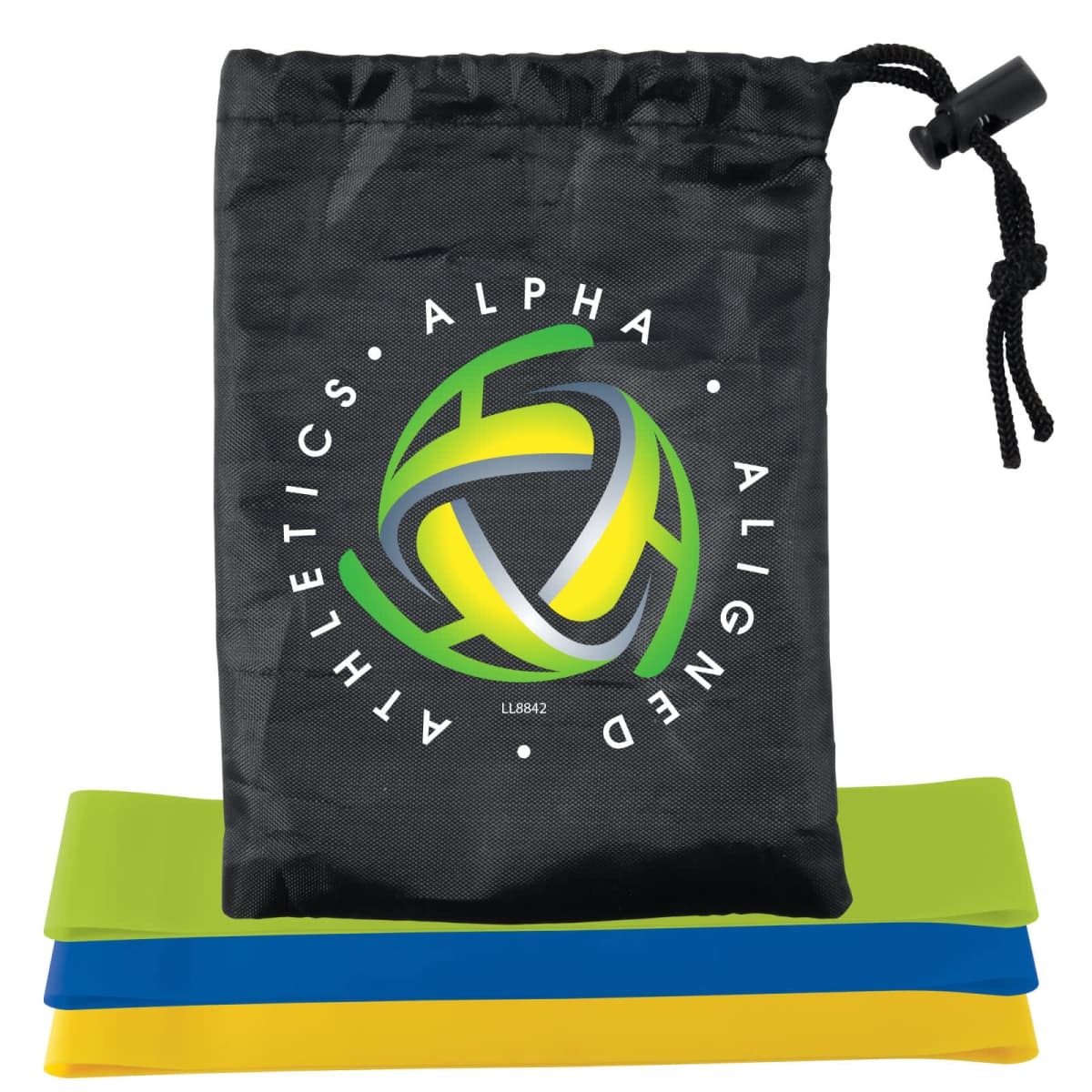 A black drawstring bag with a colorful logo featuring the words Alpha Aligned Athletics is in the center. Below, there are three resistance bands in blue, yellow, and green, stacked together.