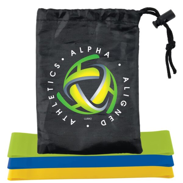 A black drawstring bag with the Alpha Aligned Athletics logo, featuring a green and yellow intertwined design. Three resistance bands are displayed below, colored blue, green, and yellow.