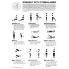 Black and white workout guide for using a stamina band. Features illustrations demonstrating exercises: seated row, quick kicks, standing kickbacks, curtsy, hip extension, lying abductor lift, hip abduction, forward raise, and triceps extension.
