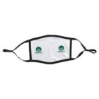 A white face mask with black borders and adjustable ear loops. It has a green logo and the word ESSENTIAL printed twice on the front.