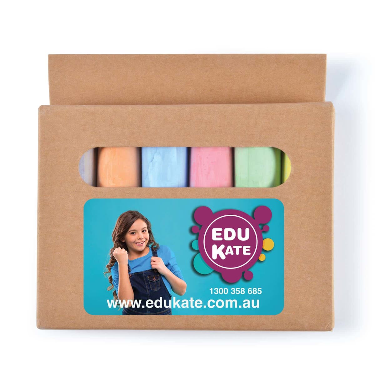 A cardboard box containing colorful chalk sticks is displayed. The box features a label with a girl in denim overalls, smiling and holding a braid. The label reads EDUKATE and includes a phone number and website address.