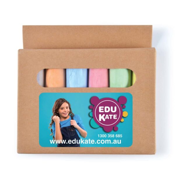 A cardboard box containing colored chalk sticks in blue, pink, orange, green, and yellow is displayed. The box features a business card with a smiling girl wearing a blue shirt, the text EDU KATE, and a website and phone number.