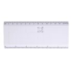 A white ruler with measurement markings in centimeters along the top and bottom edges. It has a section with 15 evenly spaced squares arranged in a grid and a circular shape near the top right corner.