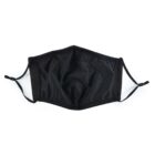 A black cloth face mask with adjustable ear loops is centered against a white background. The mask has a simple design and appears to be made of a soft fabric.