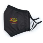 Black fabric face mask with adjustable ear loops. It bears a colorful logo featuring a house with a roof, red palm trees, and a yellow line, along with the text Gold Coast Real Estate.