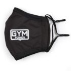 Black face mask with adjustable ear loops, featuring the text Gym Power printed in white.