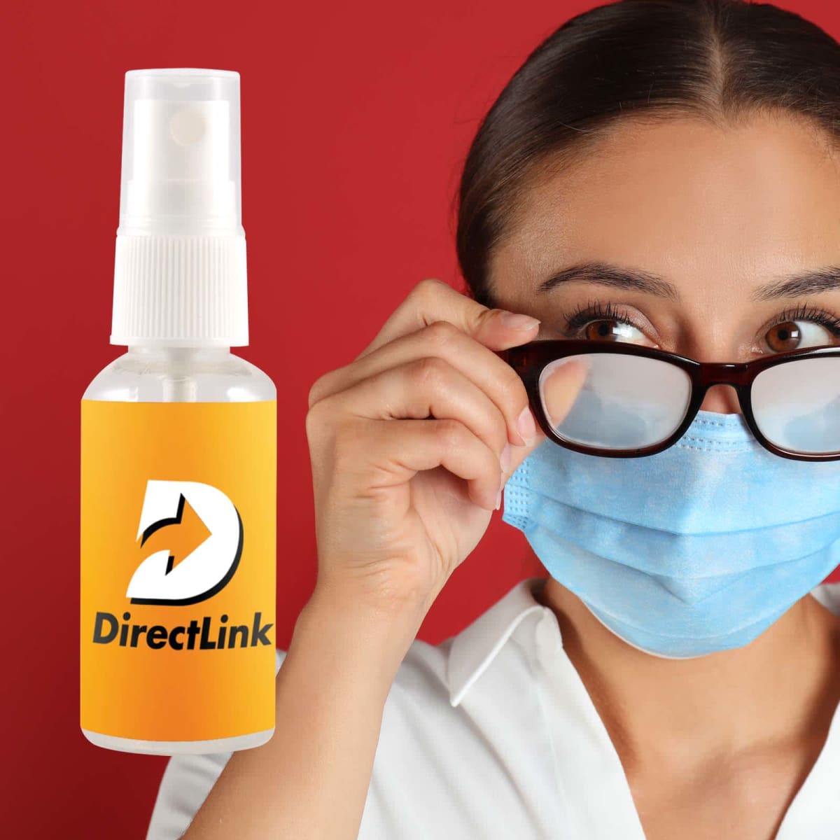 A woman wearing glasses and a blue mask is adjusting her glasses. Next to her is a spray bottle with a yellow label that reads DirectLink. The background is red.