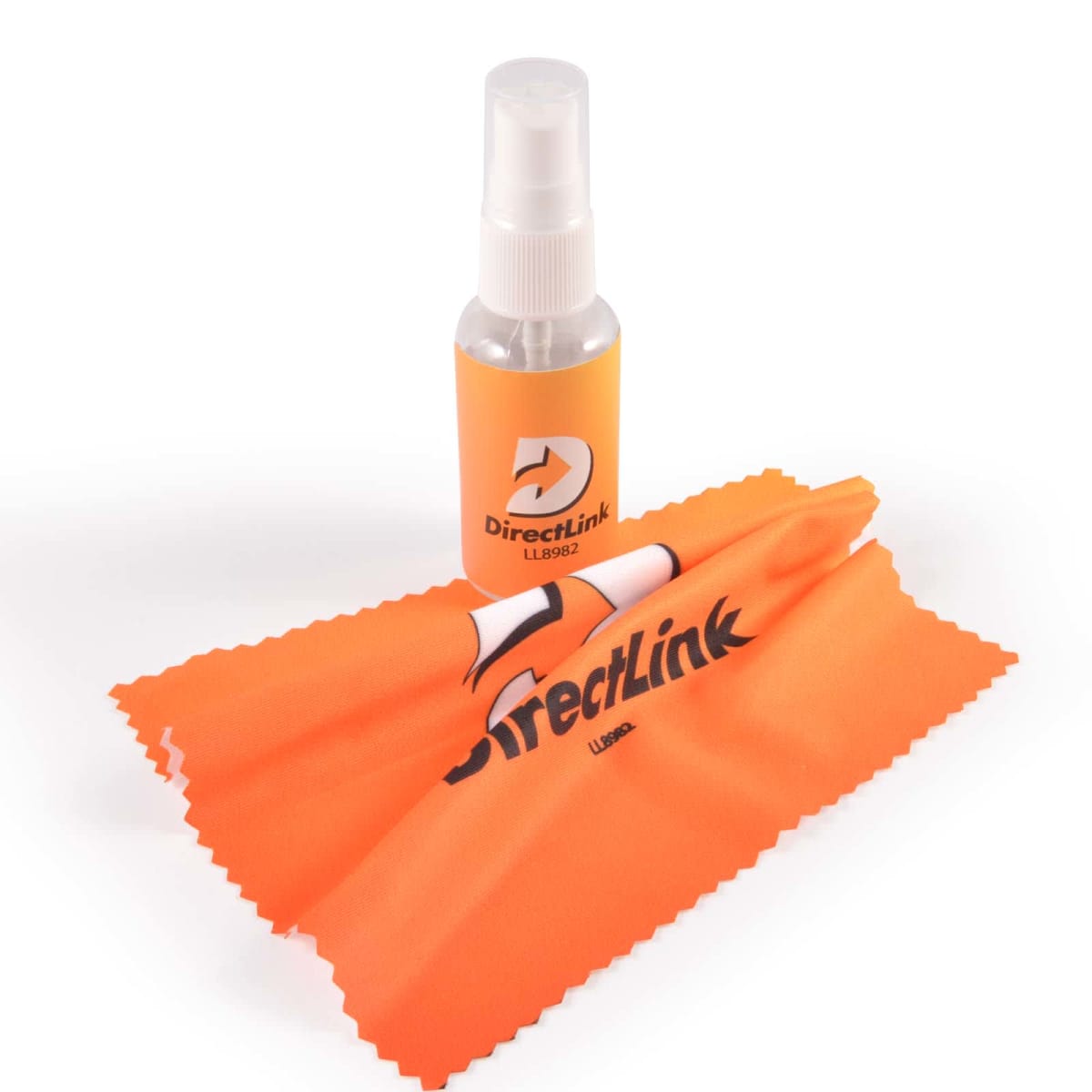 An orange microfiber cleaning cloth and a small spray bottle with an orange label showing the DirectLink logo are arranged together.