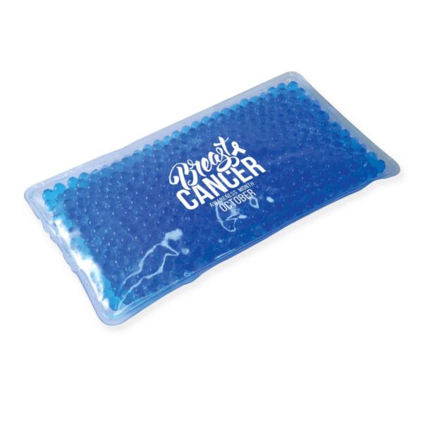 A rectangular gel ice pack with blue beads inside. The pack has the text Breast Cancer Awareness October 2023 printed in white on its surface.