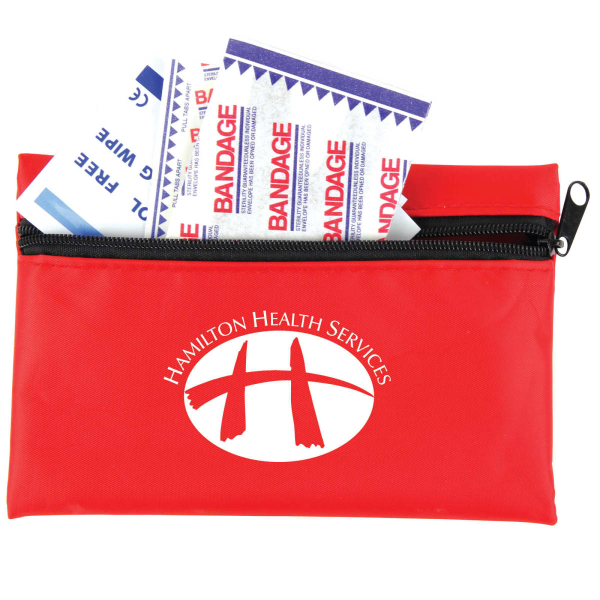 A red zippered pouch with Hamilton Health Services logo in white, containing several adhesive bandages sticking out from the top.