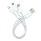 A white multi-charging cable with USB-A connector on one end and three types of connectors on the other: Lightning, micro USB, and USB-C. The cables are short and bundled together, suitable for charging various devices.