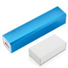 A blue rectangular portable power bank with a USB port, alongside a small white rectangular box, possibly its packaging, set against a white background.