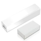 A rectangular white power bank with a USB port is placed beside its matching white packaging box. The power bank has a sleek, minimalist design.