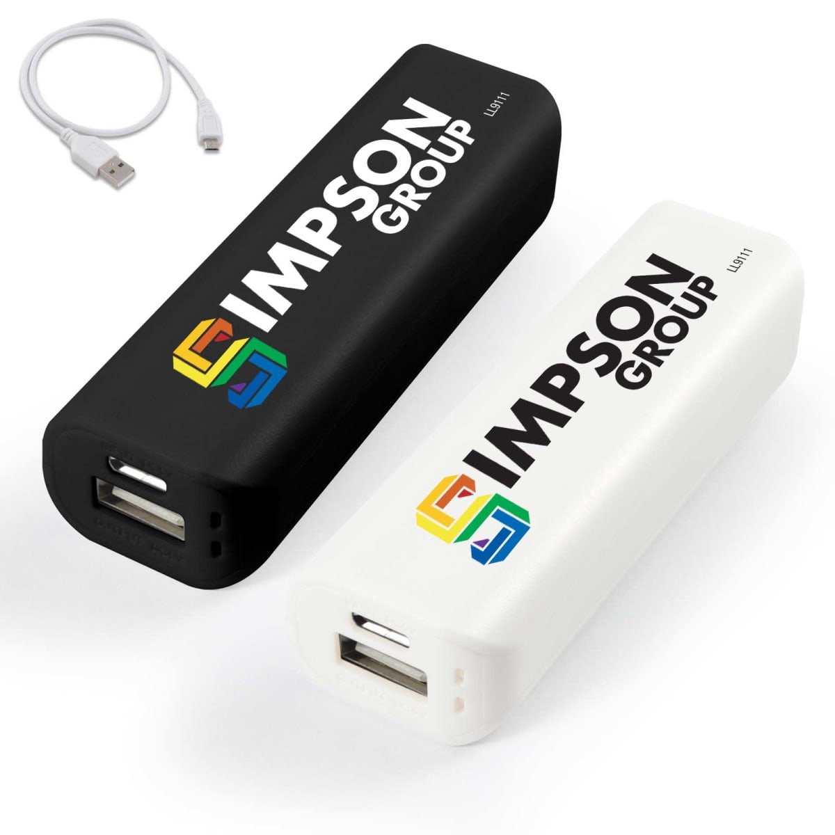 Two portable power banks, one black and one white, each with Impson Group logo. They have a USB port and a micro USB input. A short white USB cable is included.