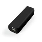 A black rectangular portable power bank with a USB port and an LED indicator light on one end.