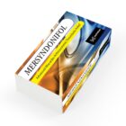 A box of Mersyndonifol, a medication for advanced mitraadic antihystemic thrombotic relief, with a blue and orange swirling design. The manufacturers logo is in the top corner.