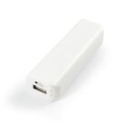 A white, rectangular portable power bank with a USB port on one end.