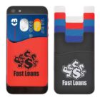 Phone wallets showing a credit card placed in a red silicone pocket with a dollar sign and Fast Loans printed on it. Four additional pockets in black, blue, red, and white are displayed alongside.