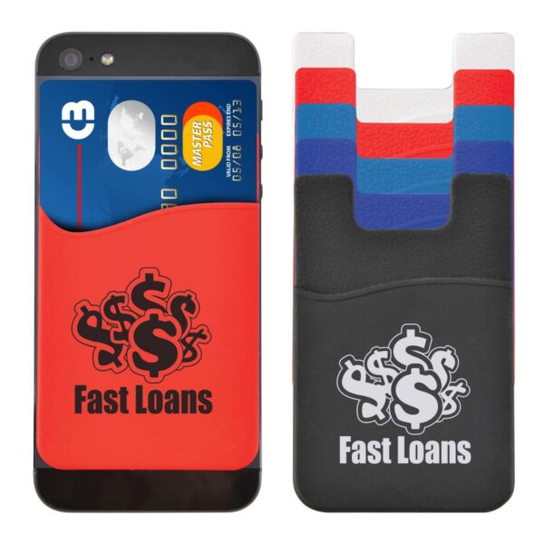 Two phone wallets are shown, one red and one black, both branded with Fast Loans and a dollar symbol. The red wallet is attached to a phone holding a credit card, while the black wallet is empty and surrounded by blue, red, and white tabs.