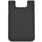 A black silicone card holder with a curved seam, featuring a slot at the top for inserting cards. The holder has a textured surface, designed to attach to the back of a smartphone.