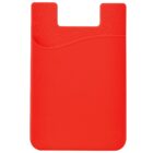 A red silicone phone card holder with a rectangular shape and an open top. The upper edge is slightly curved with a textured section at the top. The holder is designed to attach to the back of a phone for carrying cards and IDs.