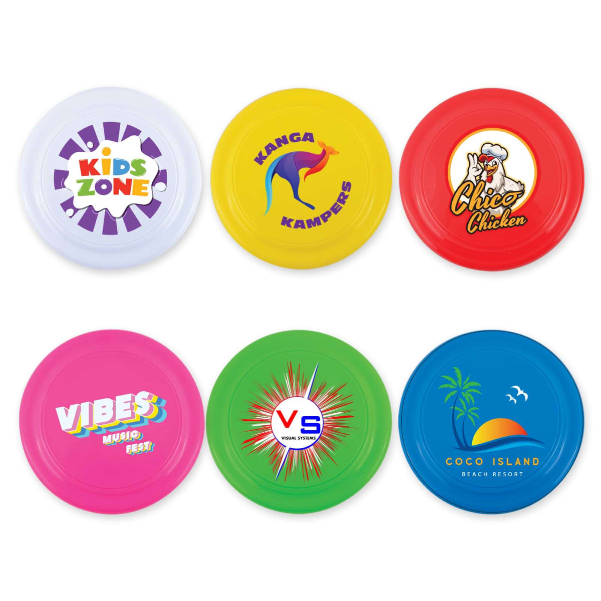 Six colorful frisbees with various logos: Kids Zone on white, Kanga Kampers on yellow, Chico Chicken on red, Vibes Music Fest on pink, VS Visual Systems on green, and Coco Island Beach Resort on blue.