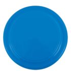 A bright blue plastic frisbee with a smooth surface and slightly raised circular ridges near the edge, shown against a plain white background.
