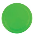 A bright green plastic frisbee with a smooth, flat top. The rim is slightly raised, featuring subtle concentric ridges. The frisbee appears new and is photographed against a plain white background.