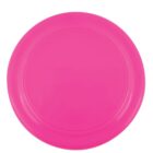 A pink frisbee with a smooth surface and circular design, viewed from above against a white background.