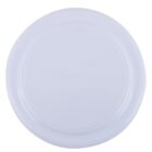 A white, round plastic plate with a smooth surface and slightly raised edge, viewed from above.