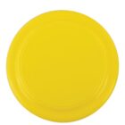 A bright yellow plastic frisbee viewed from above, centered against a white background. The surface appears smooth, with a circular, flat design.