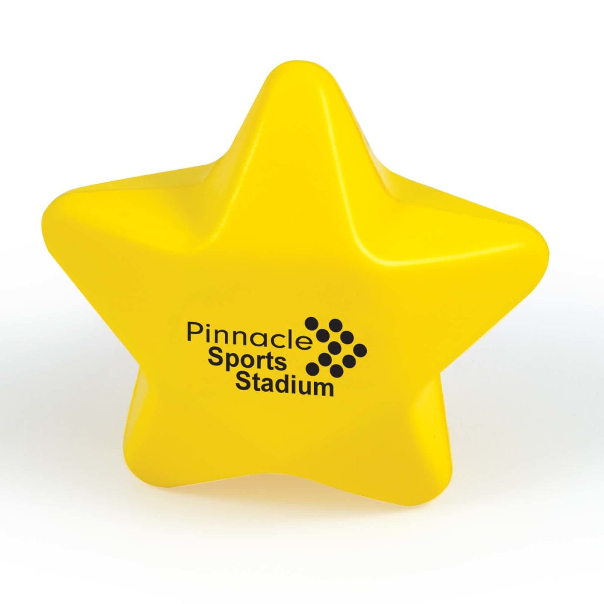 A yellow star-shaped stress ball with the text Pinnacle Sports Stadium printed in black on it.