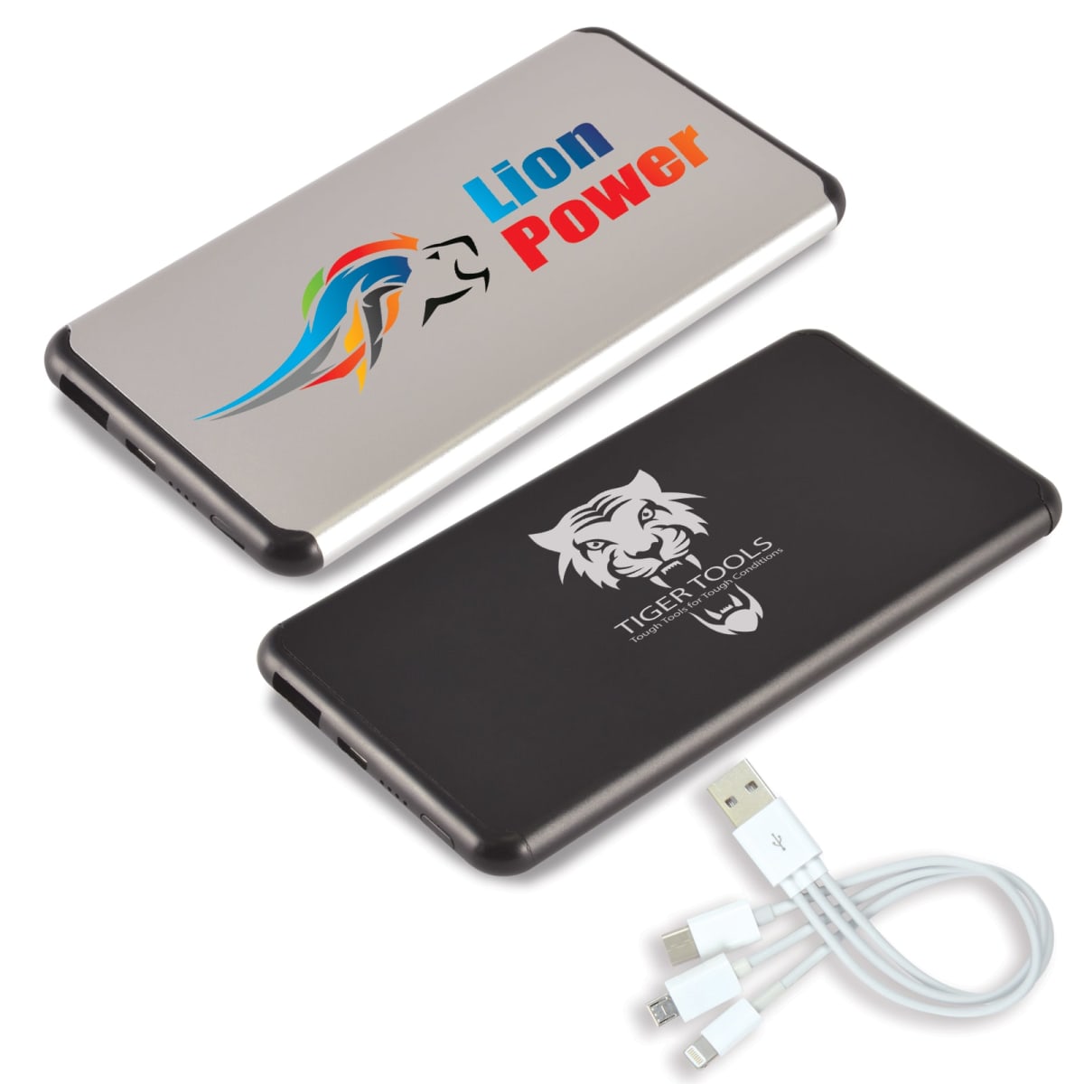 Two slim power banks, one silver with Lion Power and a lion graphic, the other black with a tiger logo and Tiger Tools. A white charging cable with multiple connectors is positioned below.