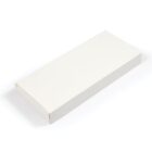 A plain, white, rectangular cardboard box with a closed lid, lying on a flat surface. The box is unadorned and has a minimalist appearance.