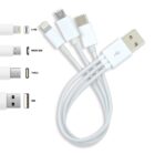 A multi-charging cable with four connectors: 8 pin, Micro USB, Type C, and USB. The connectors are labeled left to right, and the cables are white. The USB connector is separated from the others.