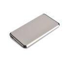 A slim, rectangular external hard drive with a metallic silver finish and rounded black edges, placed on a white background.