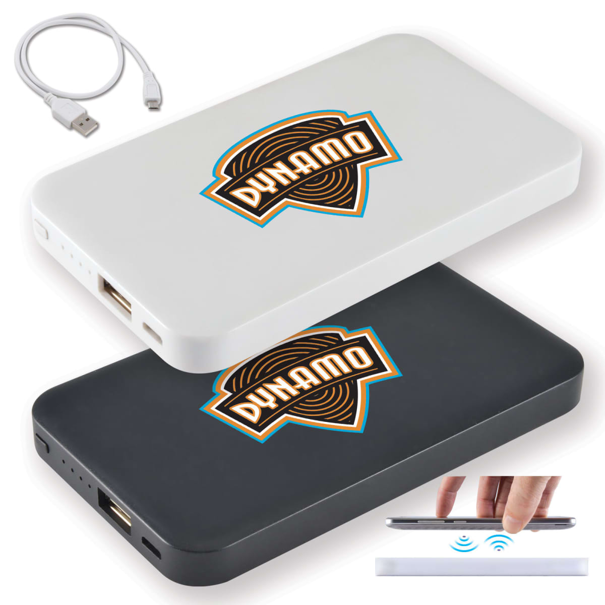 Two portable power banks, one white and one black, each with the word Dynamo in a blue and orange design. Both have USB ports. A small micro USB cable is shown nearby, and an illustration depicts wireless charging with a smartphone.
