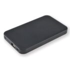 A slim, rectangular black external hard drive with rounded edges. It has a USB port and indicator lights on one side. The surface is smooth and matte.