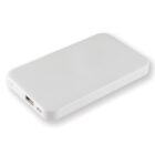A slim, rectangular white power bank with rounded edges. It features a USB port and a small indicator light on one side. The design is minimalist and portable, suitable for charging devices on the go.