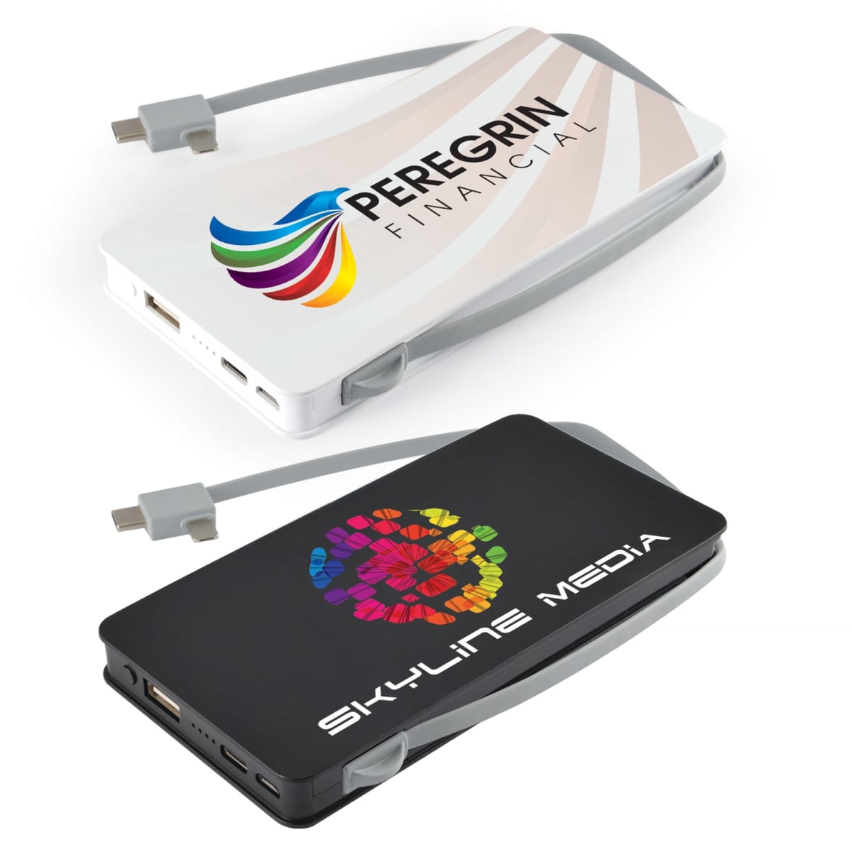 Two portable power banks with integrated charging cables. The top one is white featuring the PEREGRIN FINANCIAL logo with a colorful wing design. The bottom one is black with the SKYLINE MEDIA logo, showcasing a vibrant, circular abstract pattern.