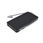 A sleek black power bank with an attached gray charging cable featuring USB and USB-C connectors lies on a white background. Its minimalist design is compact and portable, suitable for on-the-go charging needs.