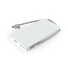 A slim, rectangular portable power bank with a white casing and an attached USB charging cable. The cable is neatly wrapped around the device. It features ports on one side for connectivity.
