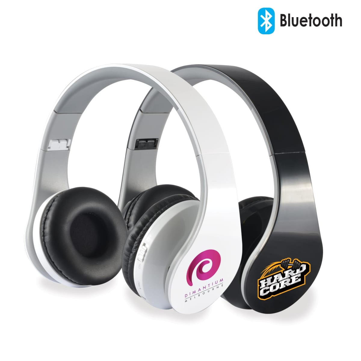 Two wireless Bluetooth headphones, one black and one white, with logos on each earcup. The white headphones have the Dimantium logo, and the black ones have the Hybrid Core logo. The Bluetooth symbol is visible in the top-right corner.