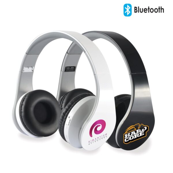 Two pairs of over-ear Bluetooth headphones on display, one white with a purple logo and one black with a yellow logo. Both are stylish and modern in design, featuring cushioned ear pads and a sleek headband. Bluetooth symbol visible in the corner.