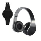 Black over-ear headphones with padded ear cushions and a sleek design are displayed, with a separate angle showing a side view focused on the headband and ear cup.